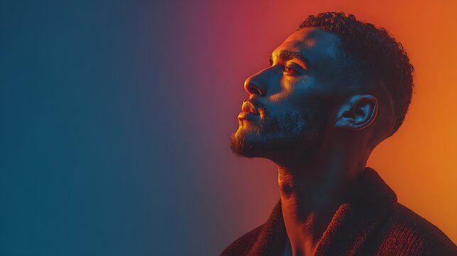 Thoughtful Black Man Profile Portrait in Dramatic Blue and Orange Neon Lighting