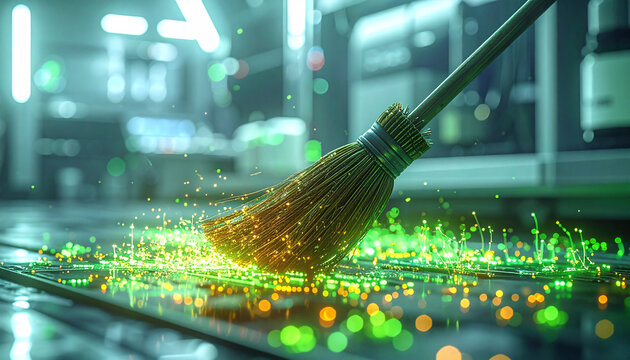 Digital Clean Sweep: A broom sweeps across a circuit board, scattering glowing particles, symbolizing the process of debugging or cleaning digital systems.