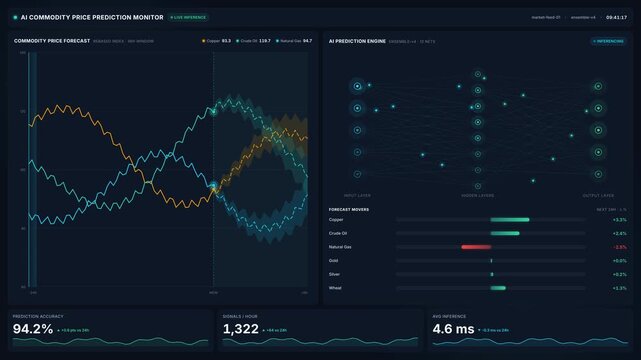 Ai commodity price prediction monitor with forecast charts neural network engine analyzing copper, oil, gold gas trends, for finance trading technology in 4k