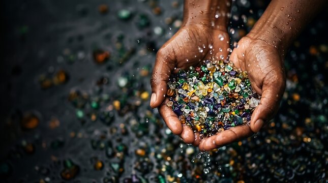 Close up of hands catching colorful microplastic particles under falling rain droplets