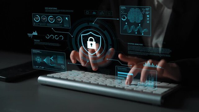 Hands Typing on Keyboard with Data Protection Visuals and Digital Graphics Representing Cybersecurity Concepts in Office Environment. Entropy.