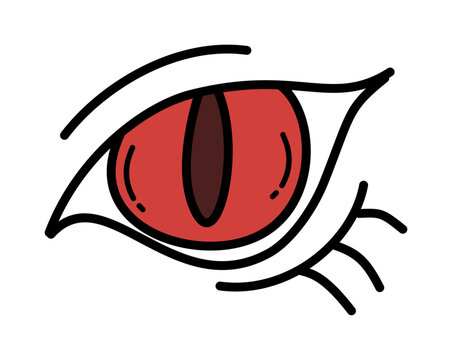 angry red monster eye with sharp black dramatic eyelashes
