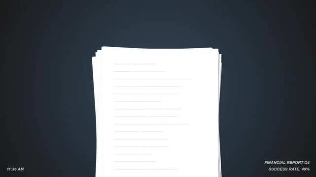 Stack of Documents with Financial Report Data and Charts
