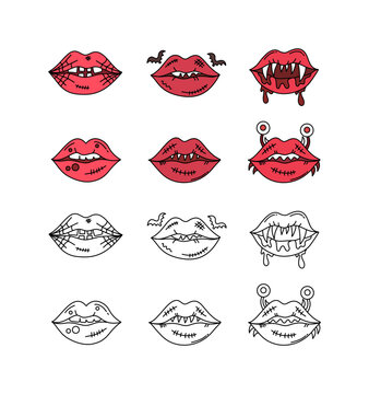 collection of spooky stylized halloween monster mouth icon bundle