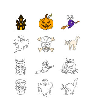 collection of colorful scary halloween icons and vector elements