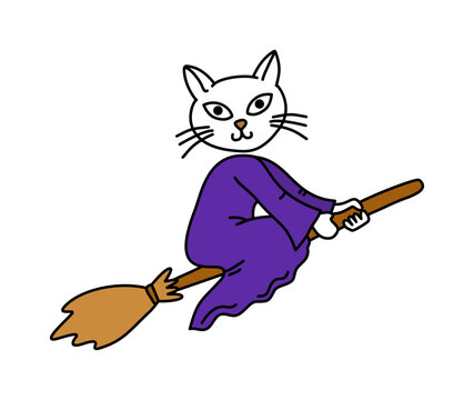 funny witch cat character flying fast on wooden broomstick