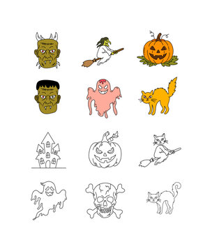 full set of detailed color and line halloween characters