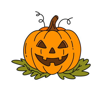 carved scary pumpkin resting on green autumn dried leaves