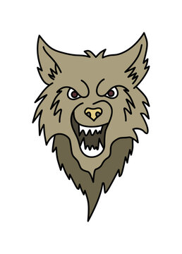 Fierce gray werewolf head with open mouth and fur