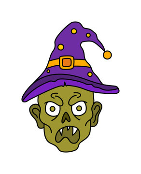 Angry green zombie wearing purple witch hat and buckle