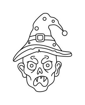 Angry zombie head outline wearing polka dot witch hat