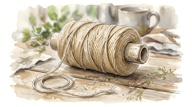 A closeup of natural beige twine wound around a wooden spool rests on a rustic surface, highlighting earthy textures and materials for crafting, packaging, and handmade projects.
