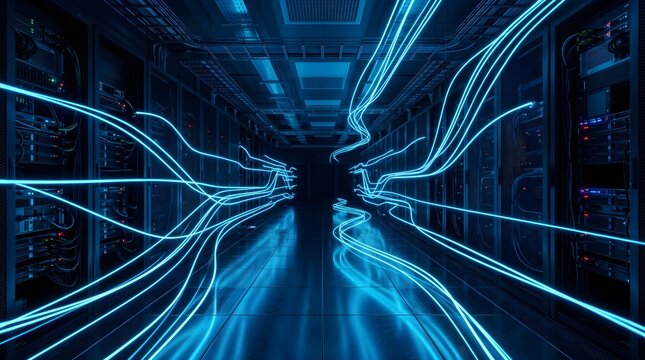 Glowing blue lines flow through a futuristic digital tunnel, forming a symmetrical high speed visual that represents data transfer, advanced computing, connectivity, and technological innovation.
