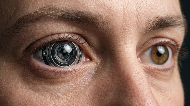 Futuristic human hybrid with bionic camera eye implant concept for surveillance technology, artificial intelligence, and digital privacy observation