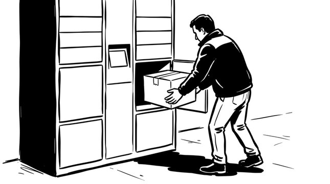 A delivery person places a package into an automated parcel locker station in black and white illustration