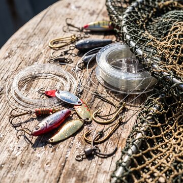 Assorted fishing gear including lures hooks and a net on a wooden surface.