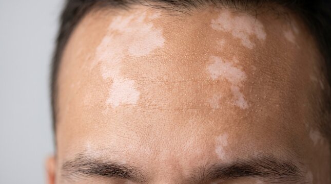 Close up of male forehead showing vitiligo depigmentation skin condition