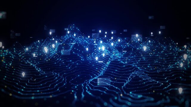Futuristic Digital Data Landscape Connects Network Lines With Location Markers And Data Analytics Technology Background