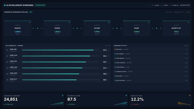 Ai scholarship screening dashboard with candidate pipeline stages, ranked applicants, analytics, for automated recruitment, evaluation, 4k business technology