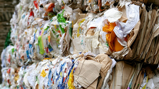 Stacked Recycled Paper Bales Compressed For Industrial Garbage Waste Management   