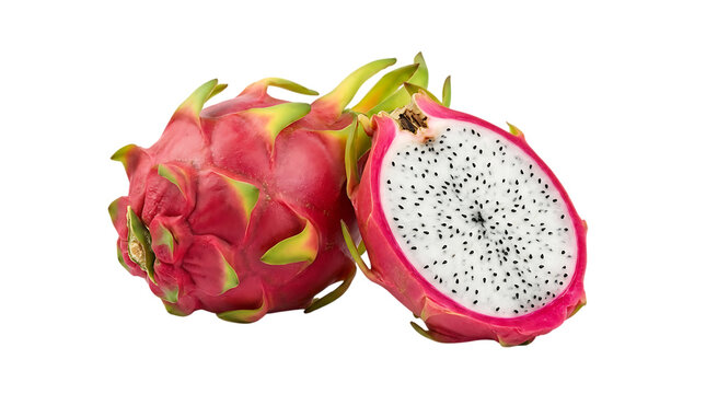 Fresh red dragon fruit whole and halved with pitahaya tropical nutrition
