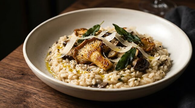 Creamy mushroom risotto served in a bowl on a dark wooden table for a gourmet dinner meal. Meatless Monday meals
