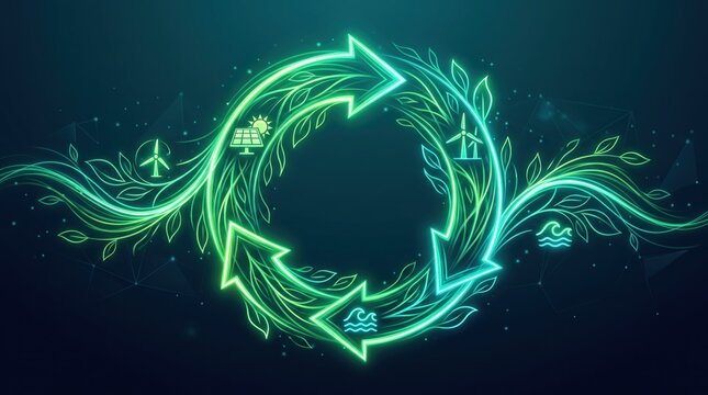Neon green circular arrow loop made of leaves representing renewable energy and ecology, wind turbine solar panel icons, sustainable development, recycling, nature conservation