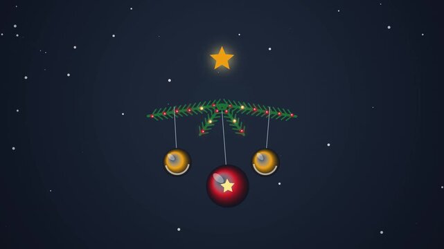 Christmas Baubles Hanging from a Stylized Evergreen Branch Against a Dark Snowy Background