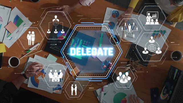 Team Collaboration and Delegation in Business Environment with Digital Graphics and Diverse Group Planning Strategy Over Table Sigmoid