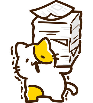 たくさんの書類の山を抱えて限界を迎えるかわいいねこのキャラクターのデフォルメイラスト