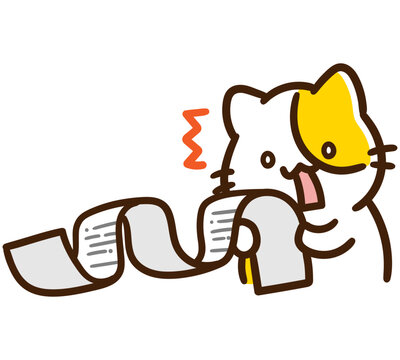 長いレシートの合計金額を見て物価高にびっくりするかわいいねこのキャラクターのデフォルメイラスト