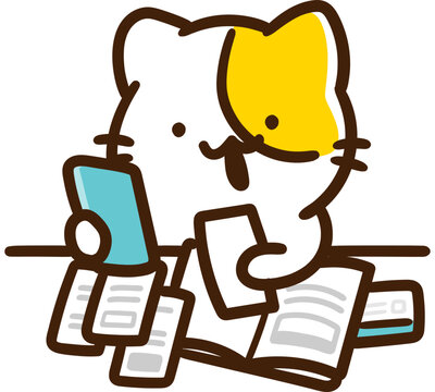 レシートや支出の紙を整理して家計管理をするかわいいねこのキャラクターのデフォルメイラスト