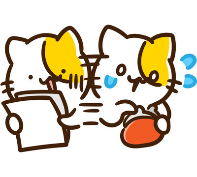 請求書を見てお金が足りるか慌てて財布をチェックするかわいいねこのキャラクターのデフォルメイラスト