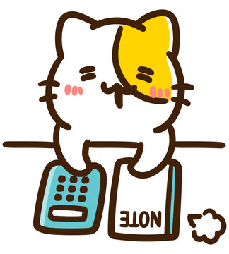 家計簿の記入を終えてほっと一息するかわいいねこのキャラクターのデフォルメイラスト