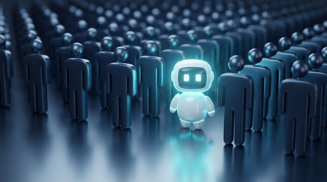 A small glowing white robot standing alone in the middle of a large crowd of dark generic human figures with different