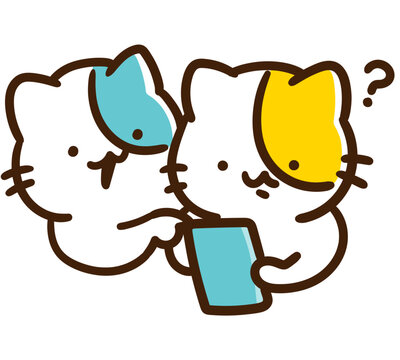 スマホの使い方がわからず教えてもらっているかわいいねこのキャラクターのデフォルメイラスト