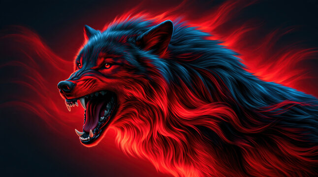 Fierce Snarling Fantasy Wolf with Glowing Red and Blue Fur Created with Generative AI Technology AI Generative