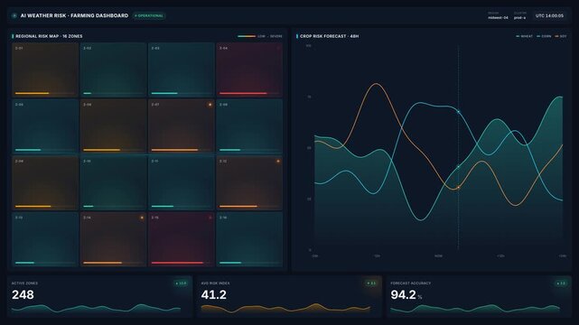Ai weather risk farming dashboard with regional crop forecast map with sixteen zones charts, for smart agriculture, climate monitoring, 4k precision analytics