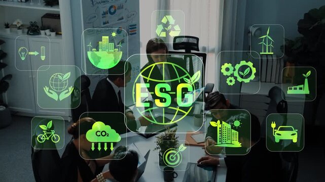 Engaging business meeting focused on ESG principles, showcasing elements of sustainability and innovative strategies for responsible corporate practices and decision-making. Raster