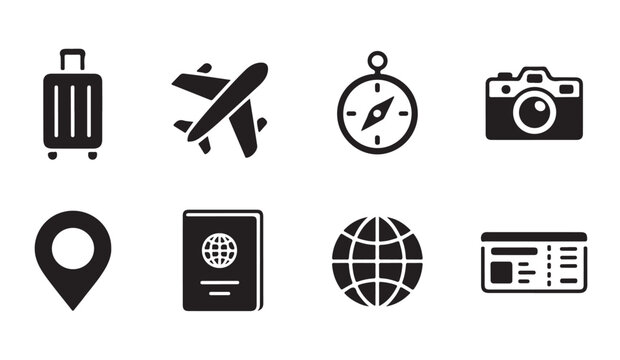 Global travel icon set with luggage plane compass camera location pin passport globe and flight boarding ticket.