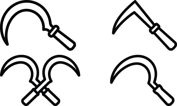 Agriculture sickle and scythe line icons set isolated on a white background vector