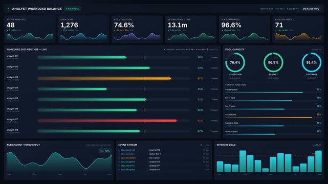 Analyst workload balance dashboard for live team performance metrics case distribution, for real time task management, capacity planning, sla monitoring in 4k