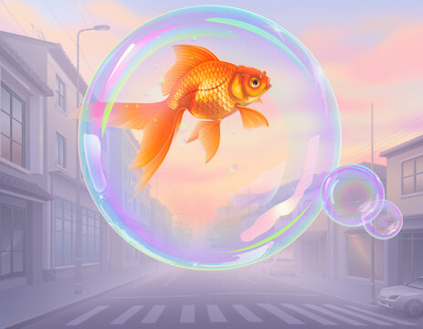 Goldfish swimming inside floating soap bubble surreal concept