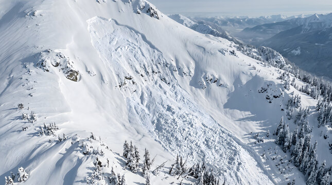 Snow avalanche sliding down a steep mountain slope in winter wilderness high alpine terrain.