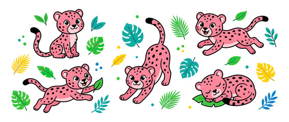 Cute Pink Cheetah Cubs Cartoon Collection on Transparent Background © kolik