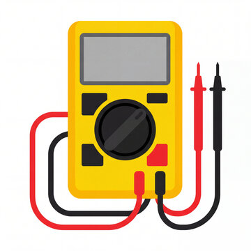 Yellow digital multimeter illustration with red and black probes for electrical measurements