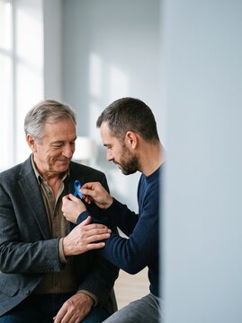 Younger man pins blue ribbon on older man's jacket showing support Blue November,men's health.