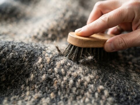 fabric fiber brushing macro Hand brushing fuzz and lint off a woolen sweater with a wooden brush.