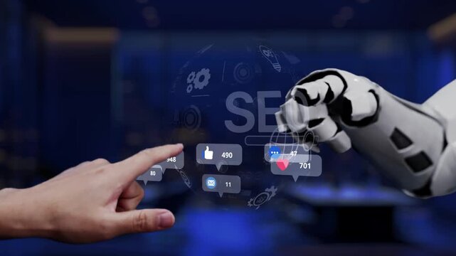 A captivating scene featuring a human hand nearing a robotic hand, surrounded by floating social media notifications. This image represents technology future in communication. Synapse