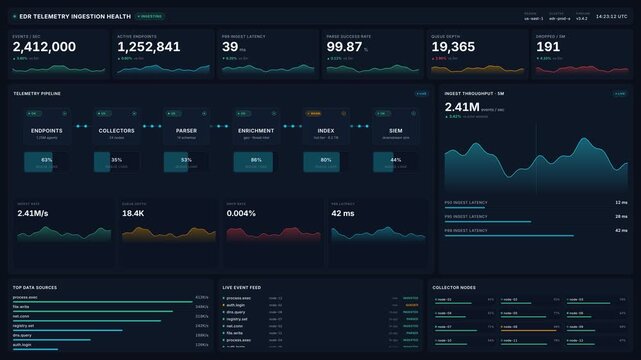 Computer screen with live edr telemetry ingestion health monitoring dashboard with metrics, data pipeline endpoint security analytics in crisp 4k detail for cybersecurity